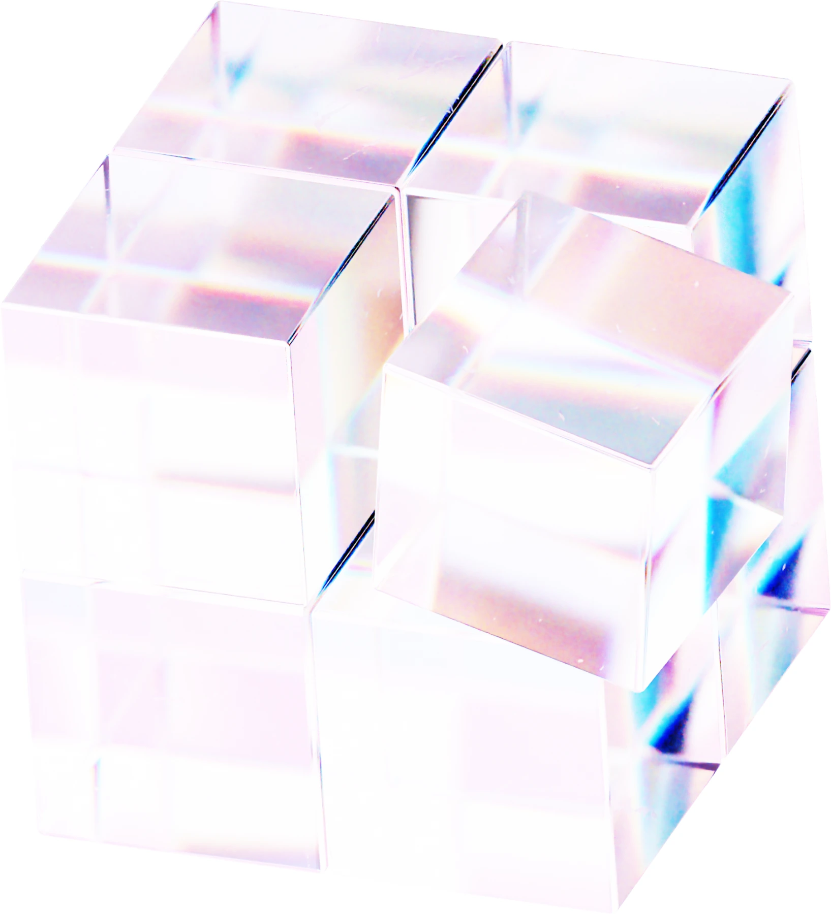 A cube of clear glass divided into smaller, individually defined cells